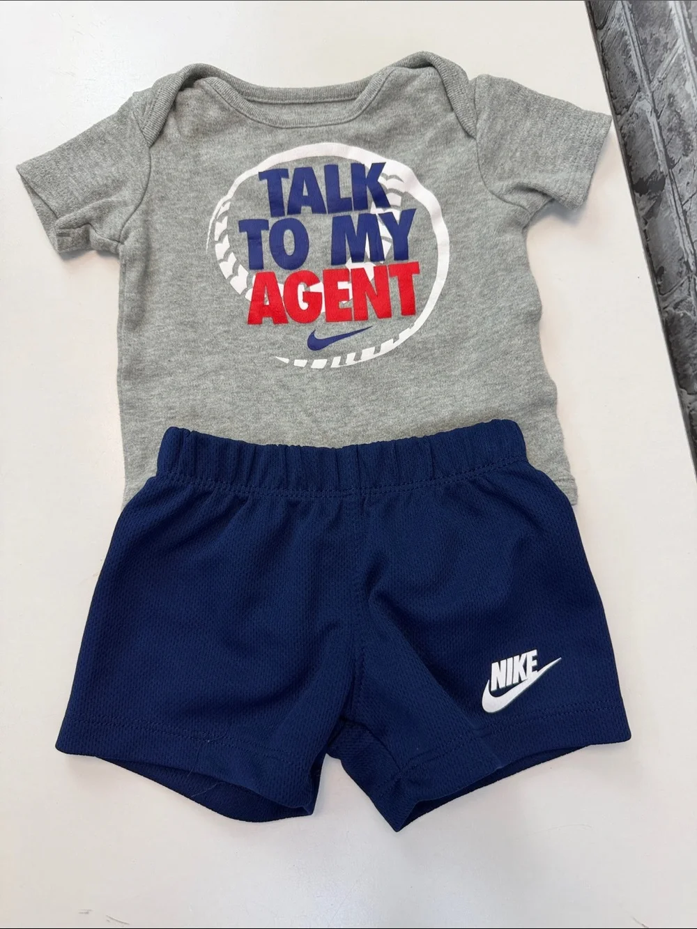 Baby Boy's Nike Gray Tee with Red & Blue Graphic + Navy Shorts - Picture 7 of 7